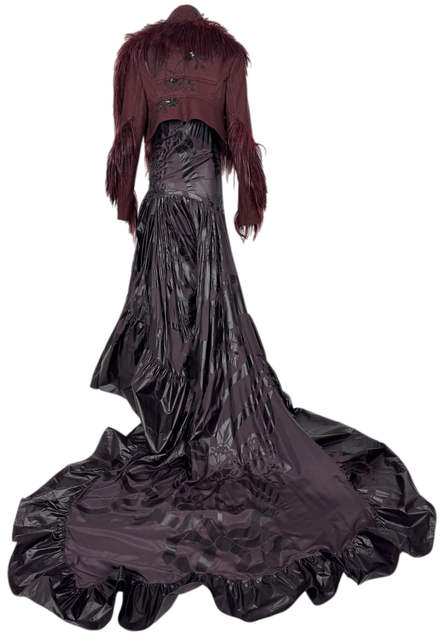 F/W 2006 Christian Dior by John Galliano Runway Goth Queen Burgundy Ball Gown Dress w Long Train and Cropped Fur Trim Jacket Set