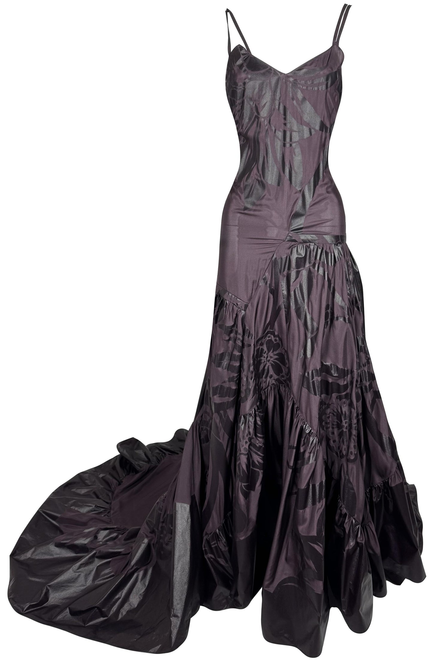 F/W 2006 Christian Dior by John Galliano Runway Goth Queen Burgundy Ball Gown Dress w Long Train and Cropped Fur Trim Jacket Set