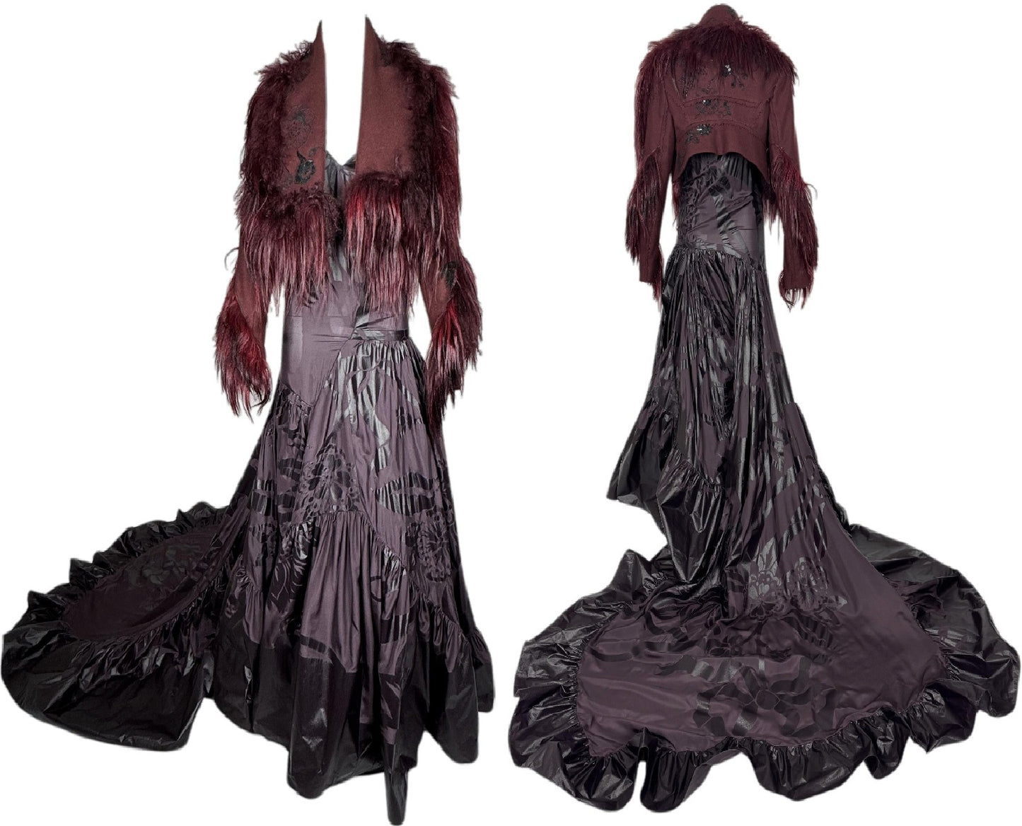 F/W 2006 Christian Dior by John Galliano Runway Goth Queen Burgundy Ball Gown Dress w Long Train and Cropped Fur Trim Jacket Set