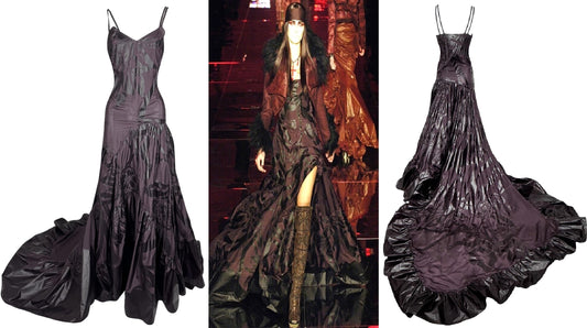 F/W 2006 Christian Dior by John Galliano Runway Goth Queen Burgundy Ball Gown Dress w Long Train and Cropped Fur Trim Jacket Set