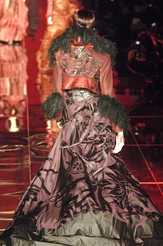 F/W 2006 Christian Dior by John Galliano Runway Goth Queen Burgundy Ball Gown Dress w Long Train and Cropped Fur Trim Jacket Set