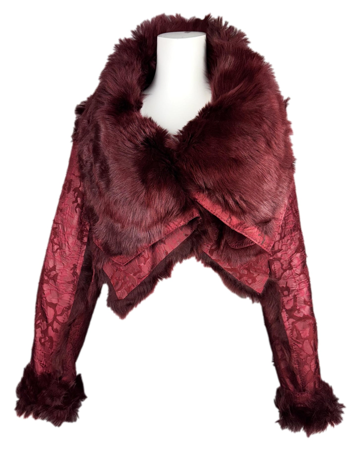 NWT F/W 2006 Christian Dior by John Galliano Runway Burgundy Leather & Fur Cropped Jacket Coat