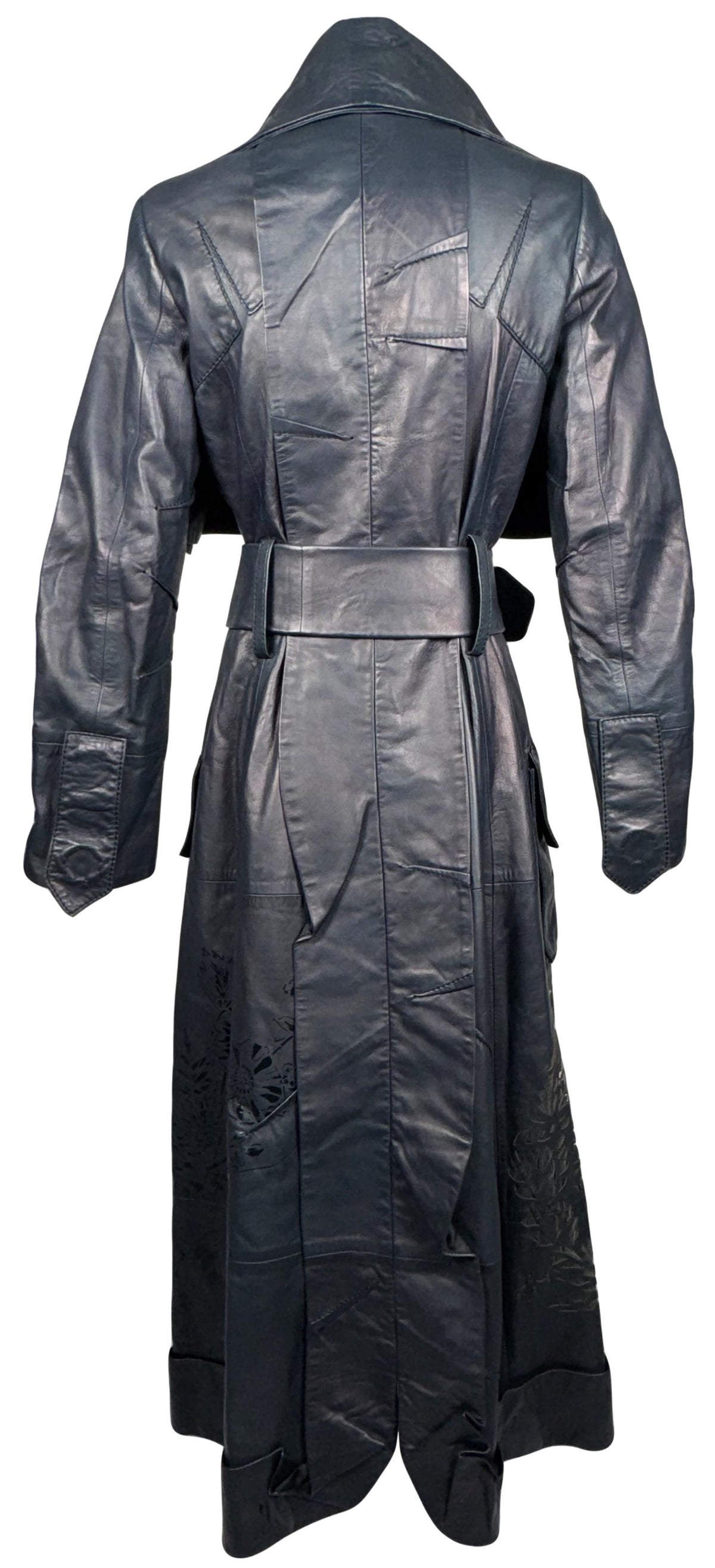 NWT F/W 2006 RARE Christian Dior x John Galliano Runway Iridescent Black Laser Cut-Out Wide Collar & Belt Buckle Trench Coat Jacket