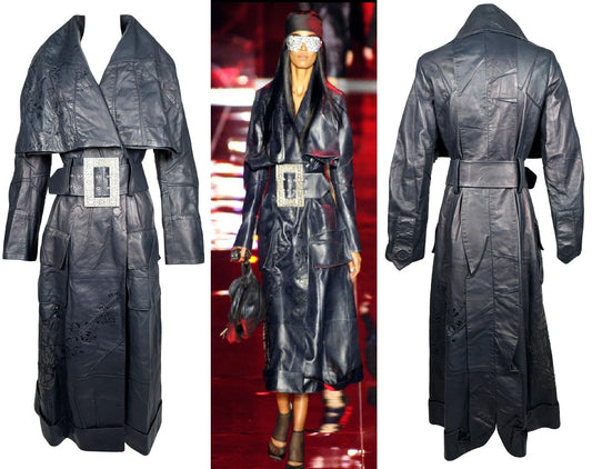 NWT F/W 2006 RARE Christian Dior x John Galliano Runway Iridescent Black Laser Cut-Out Wide Collar & Belt Buckle Trench Coat Jacket