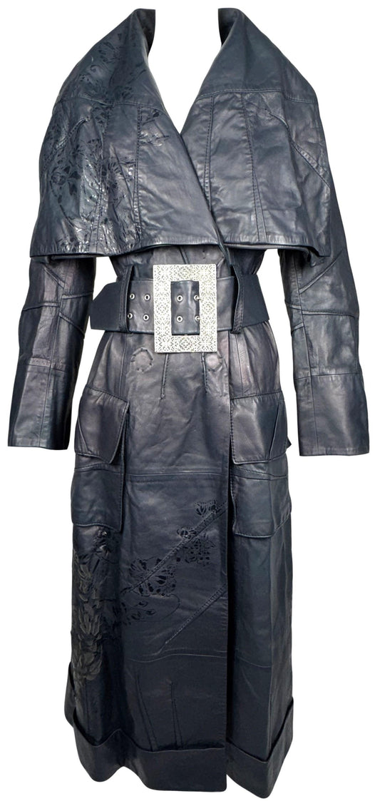 NWT F/W 2006 RARE Christian Dior x John Galliano Runway Iridescent Black Laser Cut-Out Wide Collar & Belt Buckle Trench Coat Jacket