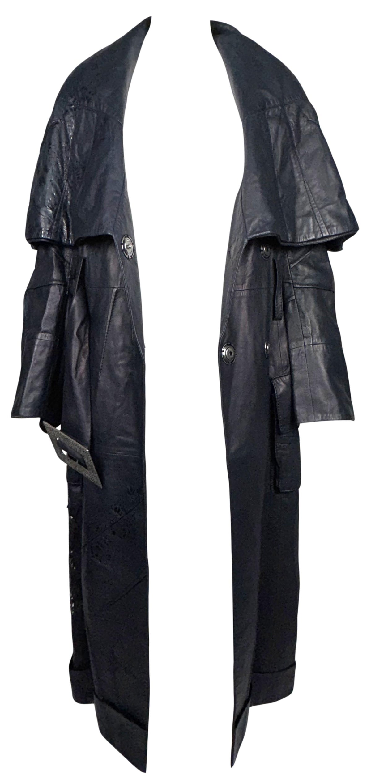NWT F/W 2006 RARE Christian Dior x John Galliano Runway Iridescent Black Laser Cut-Out Wide Collar & Belt Buckle Trench Coat Jacket