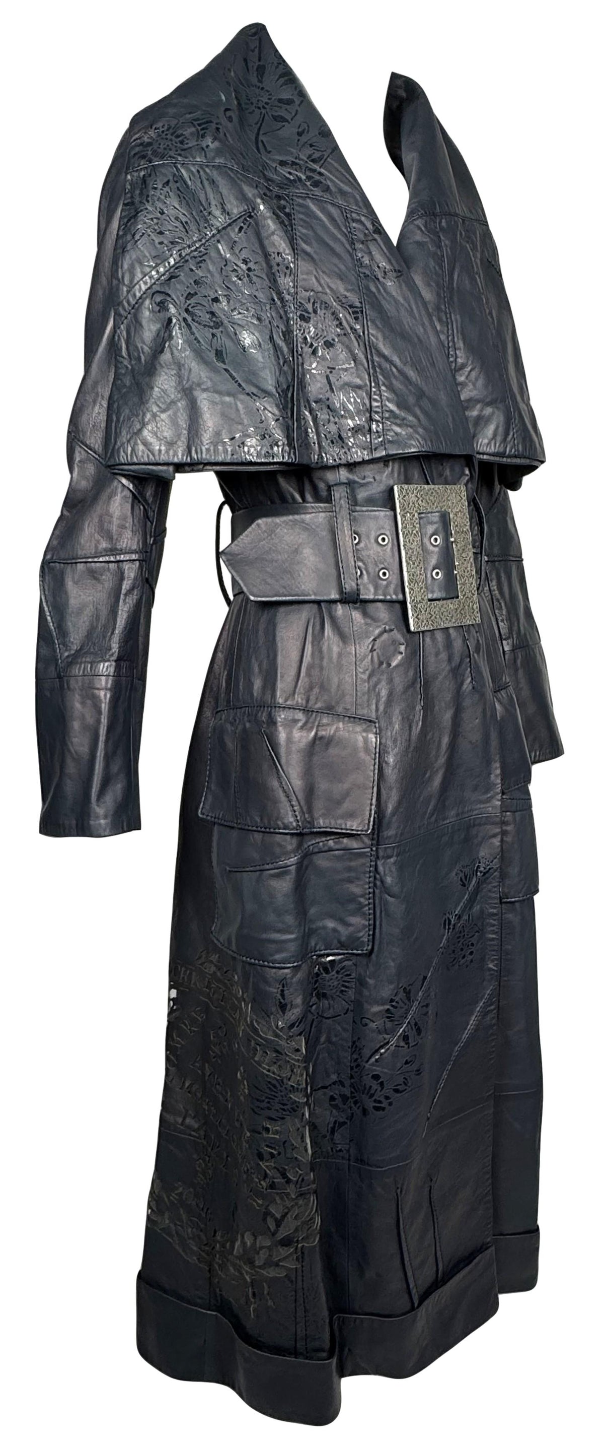 NWT F/W 2006 RARE Christian Dior x John Galliano Runway Iridescent Black Laser Cut-Out Wide Collar & Belt Buckle Trench Coat Jacket