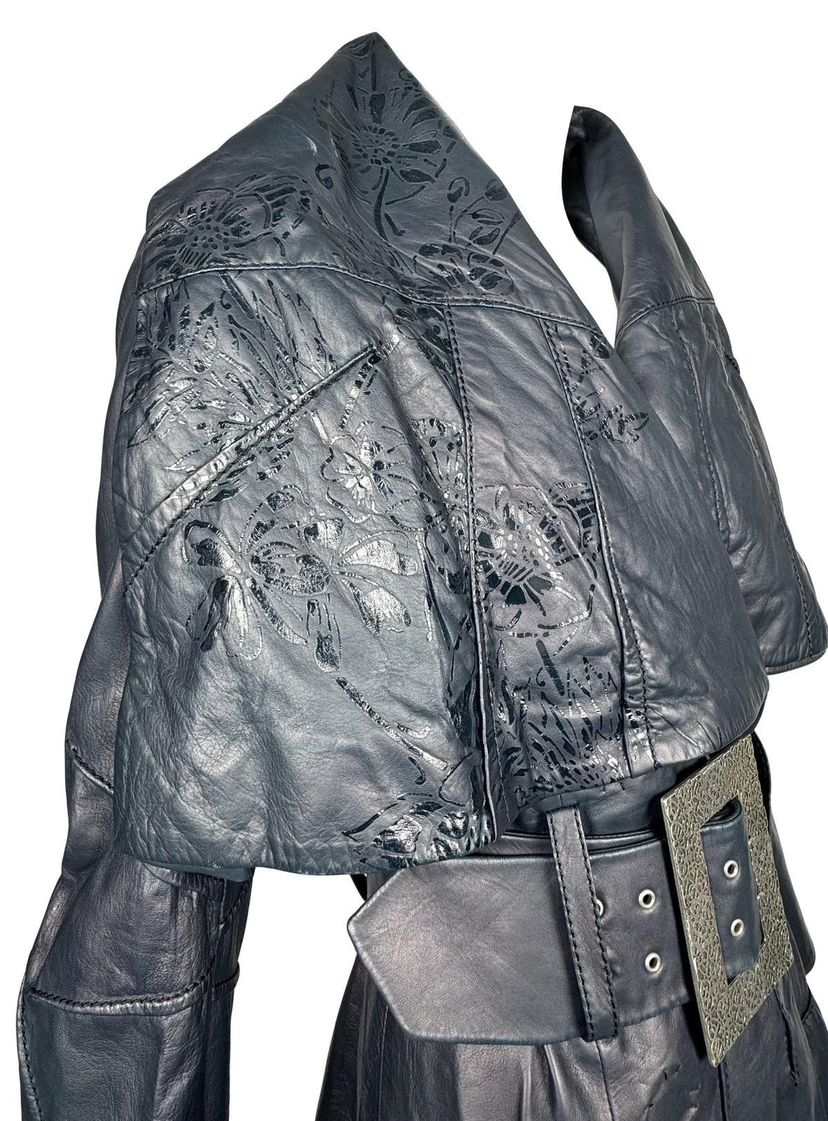 NWT F/W 2006 RARE Christian Dior x John Galliano Runway Iridescent Black Laser Cut-Out Wide Collar & Belt Buckle Trench Coat Jacket