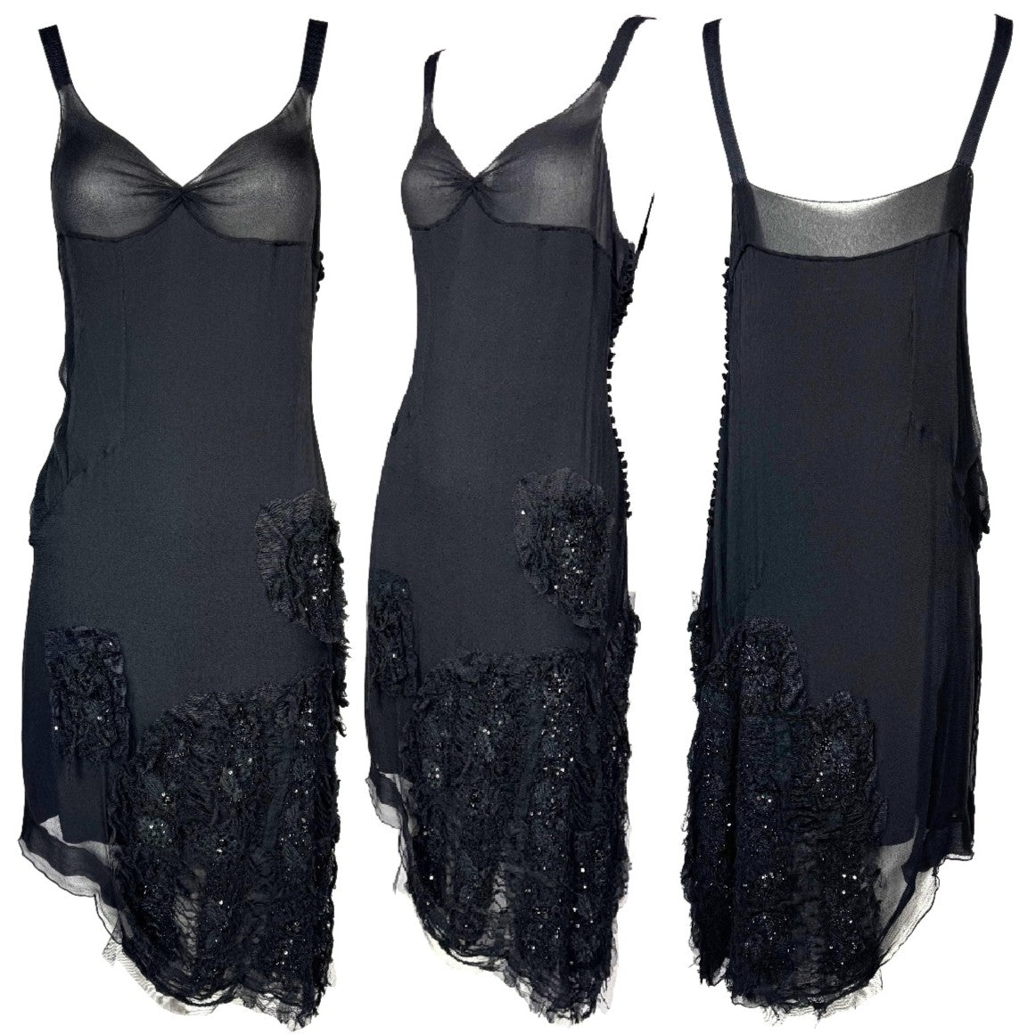 F/W 2006 Christian Dior x John Galliano Sheer Black Silk Asymmetrical Embellished Distressed Dress