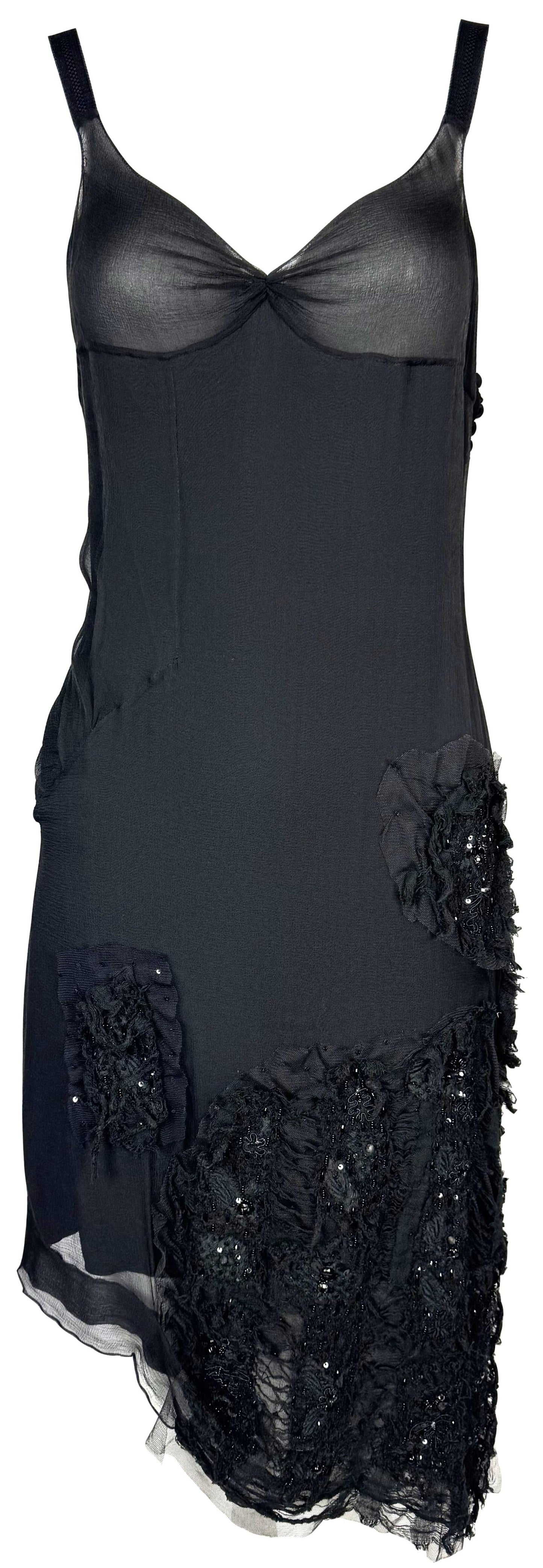 F/W 2006 Christian Dior x John Galliano Sheer Black Silk Asymmetrical Embellished Distressed Dress