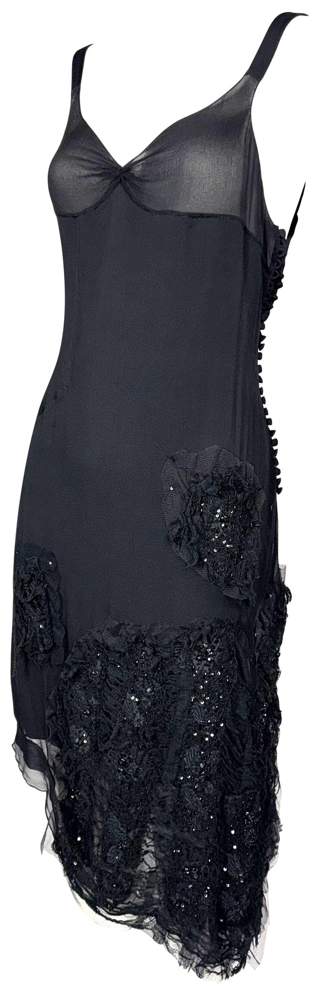 F/W 2006 Christian Dior x John Galliano Sheer Black Silk Asymmetrical Embellished Distressed Dress