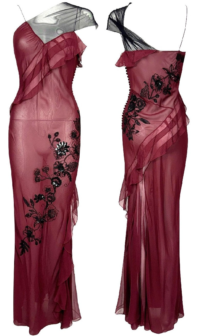F/W 2006 Christian Dior x John Galliano Runway Sheer Red Beaded Tattoo Silk Embroidered Ruffle Gown Dress