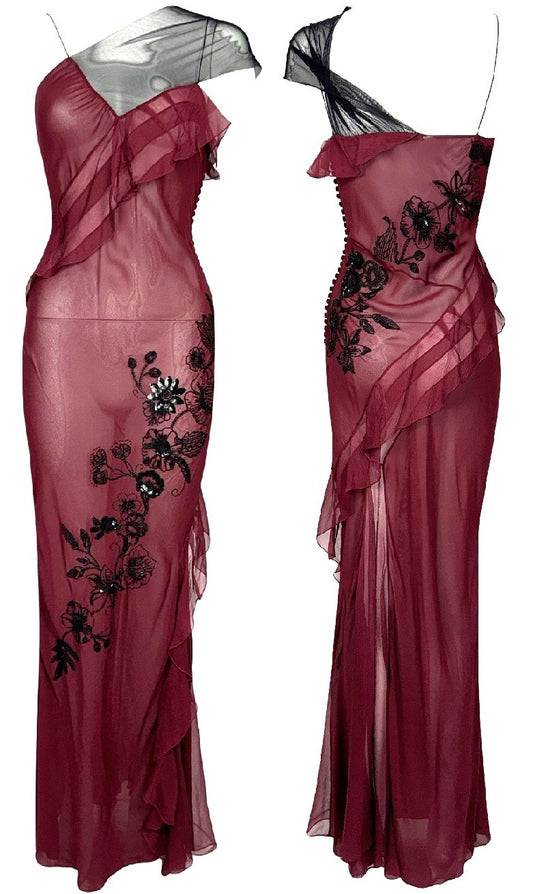 F/W 2006 Christian Dior x John Galliano Runway Sheer Red Beaded Tattoo Silk Embroidered Ruffle Gown Dress