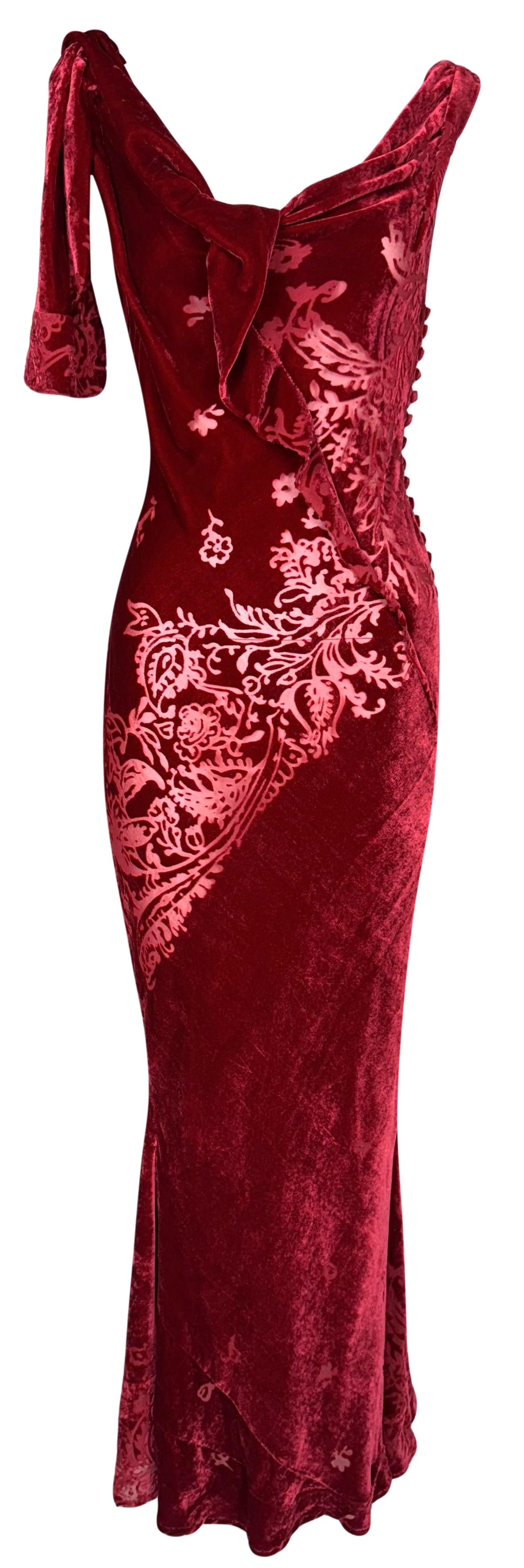 F/W 2006 John Galliano Sheer Red Burnout Velvet 1940's Old Hollywood Bow Draped Off Shoulder Mermaid Gown Dress