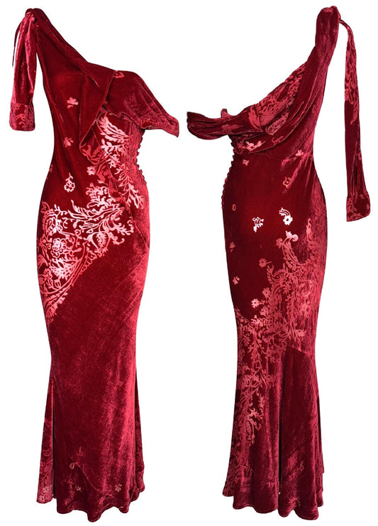 F/W 2006 John Galliano Sheer Red Burnout Velvet 1940's Old Hollywood Bow Draped Off Shoulder Mermaid Gown Dress