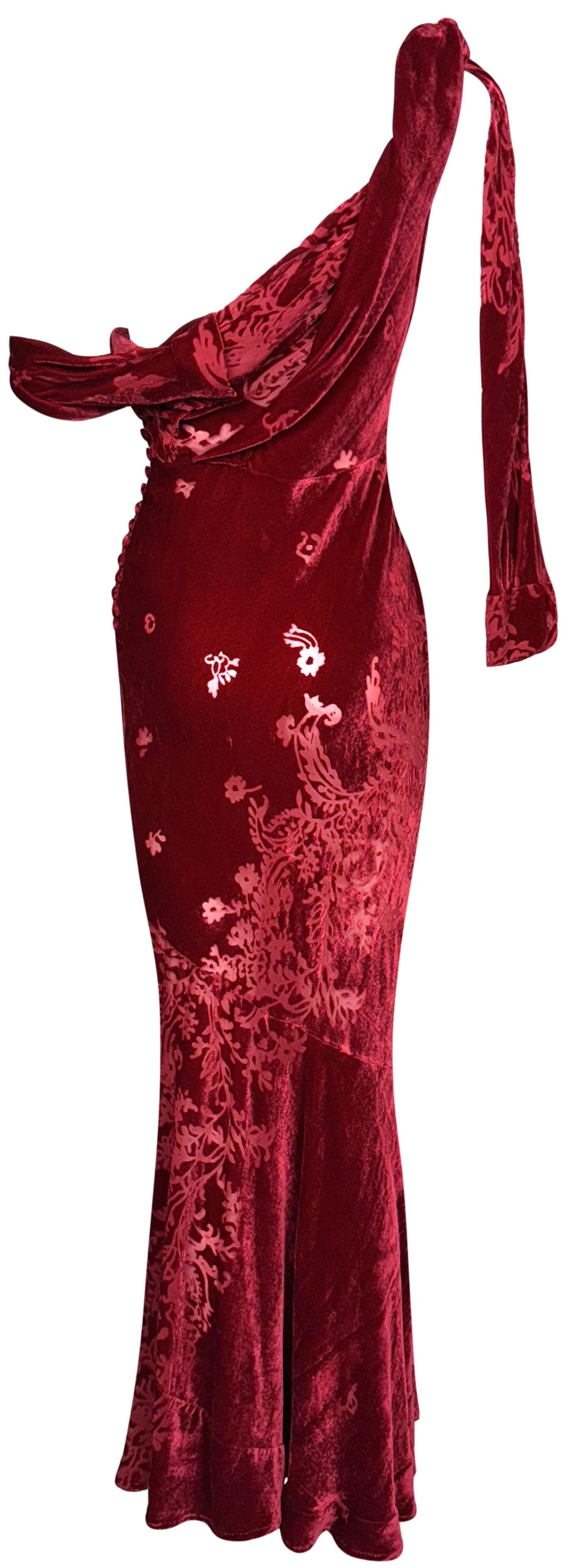 F/W 2006 John Galliano Sheer Red Burnout Velvet 1940's Old Hollywood Bow Draped Off Shoulder Mermaid Gown Dress