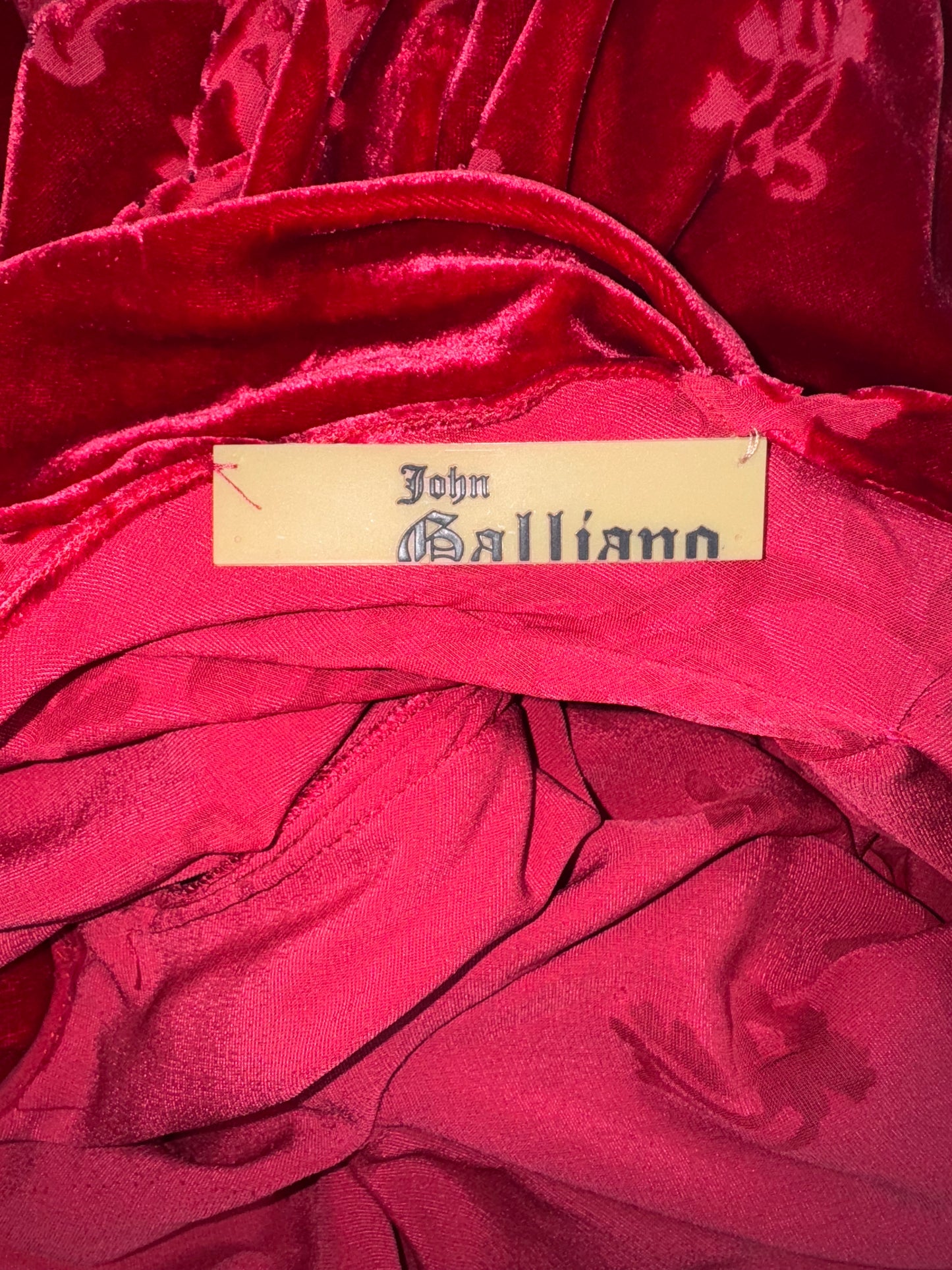 F/W 2006 John Galliano Sheer Red Burnout Velvet 1940's Old Hollywood Bow Draped Off Shoulder Mermaid Gown Dress