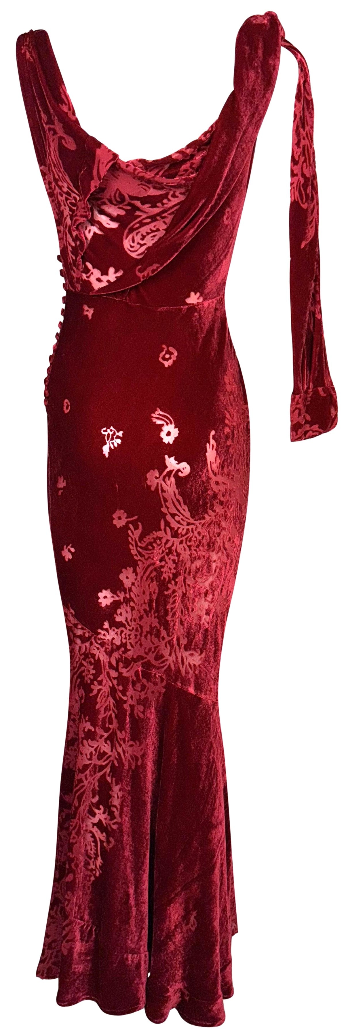 F/W 2006 John Galliano Sheer Red Burnout Velvet 1940's Old Hollywood Bow Draped Off Shoulder Mermaid Gown Dress