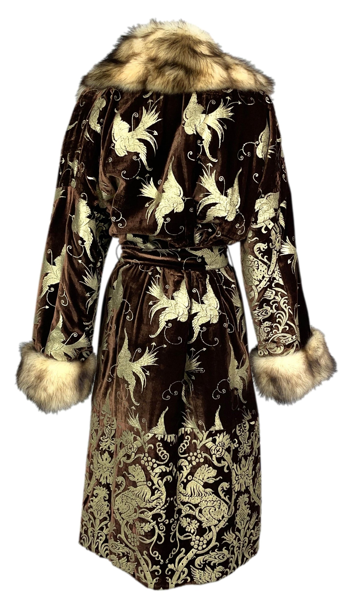 F/W 2006 Roberto Cavalli Gold Painted Brown Velvet w Kolinsky Polecat Fur Coat & Skirt Set