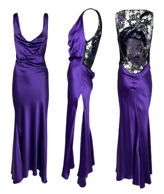 F/W 2006 Roberto Cavalli Sheer Black Mesh Koi Fish Tattoo Embellished Purple Silk High Slit Dress