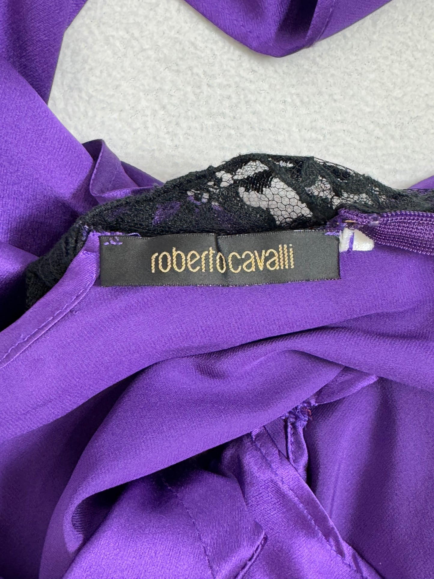 F/W 2006 Roberto Cavalli Sheer Black Mesh Koi Fish Tattoo Embellished Purple Silk High Slit Dress