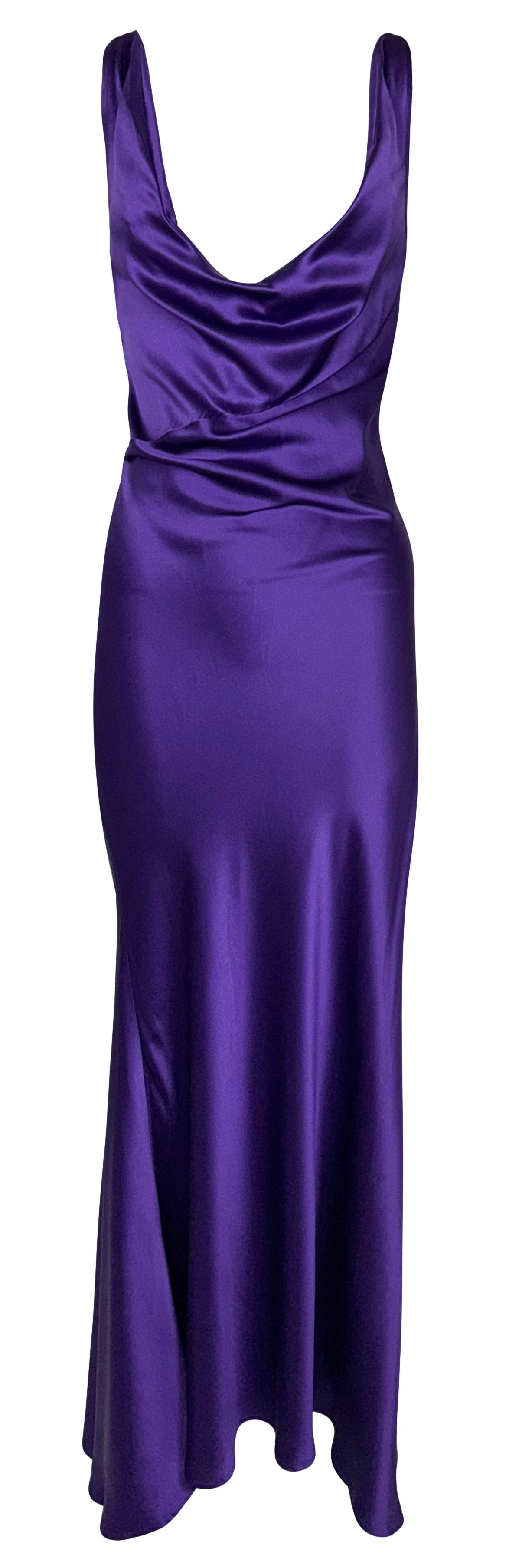 F/W 2006 Roberto Cavalli Sheer Black Mesh Koi Fish Tattoo Embellished Purple Silk High Slit Dress