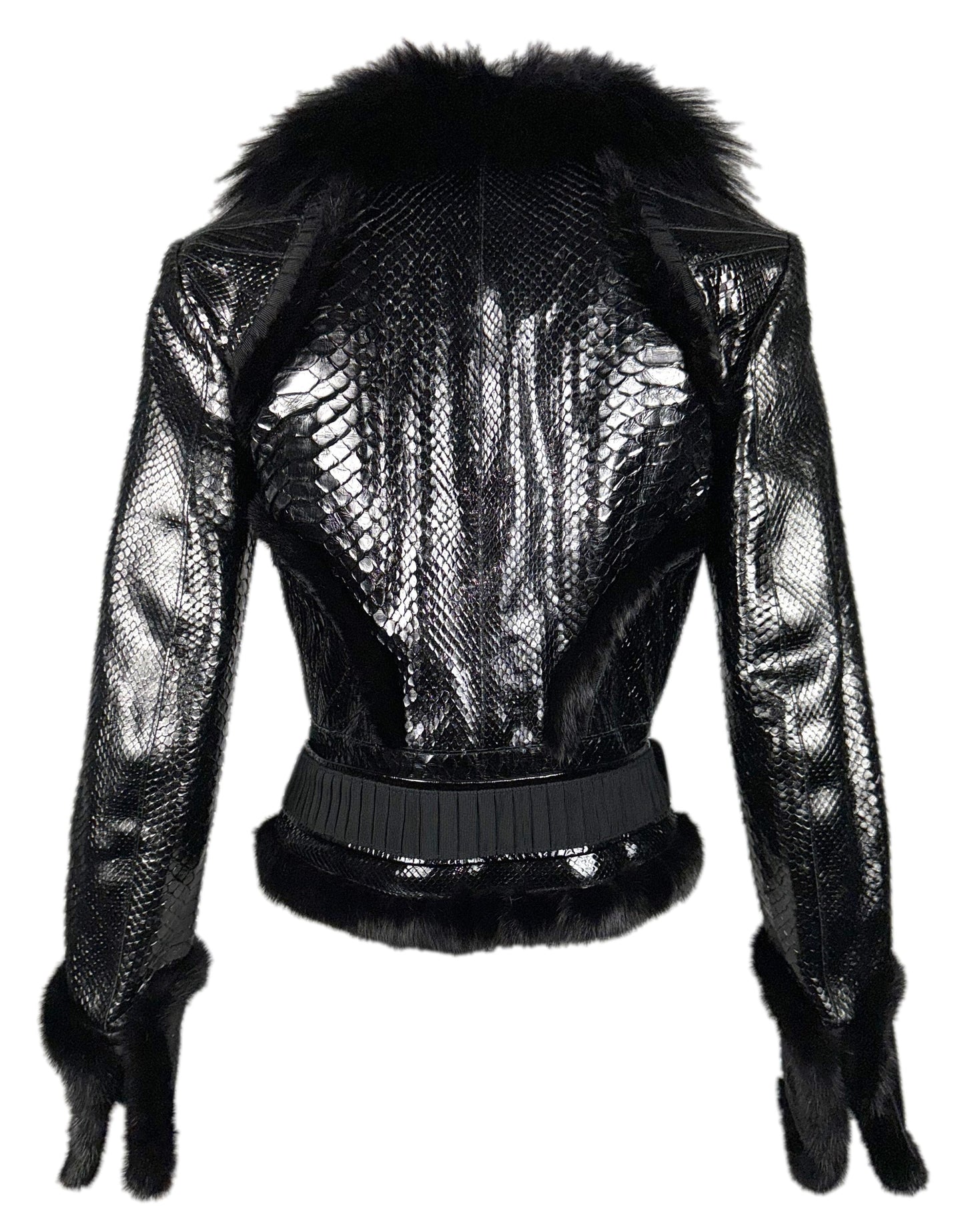 F/W 2006 Roberto Cavalli Runway Black Python & Mink Fur Fitted Jacket w Serpent Belt