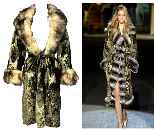 F/W 2006 Roberto Cavalli Runway Green & Gold Velvet Fur Collar Coat Jacket
