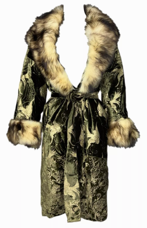 F/W 2006 Roberto Cavalli Runway Green & Gold Velvet Fur Collar Coat Jacket