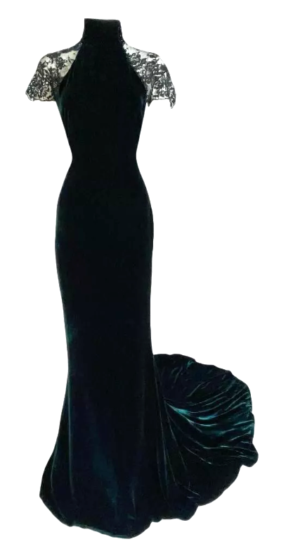 F/W 2006 Roberto Cavalli Runway Green Velvet Crystal Tattoo Mesh Gown Dress w Train