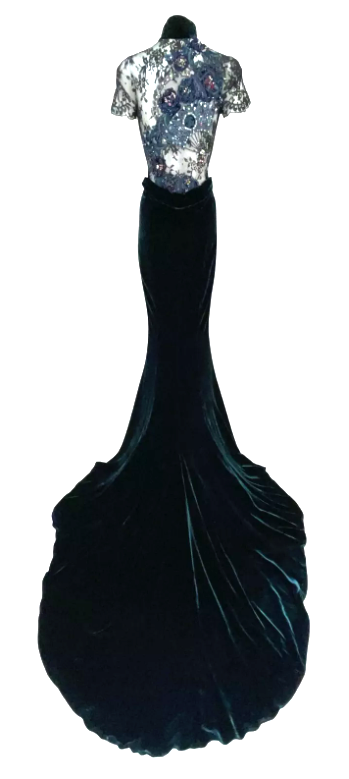F/W 2006 Roberto Cavalli Runway Green Velvet Crystal Tattoo Mesh Gown Dress w Train