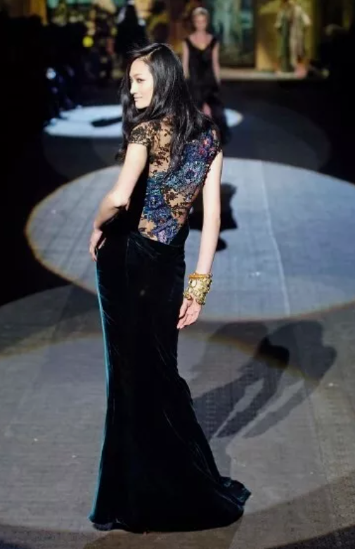 F/W 2006 Roberto Cavalli Runway Green Velvet Crystal Tattoo Mesh Gown Dress w Train