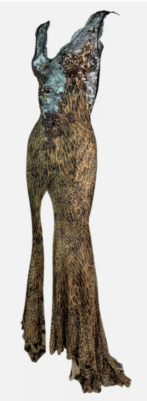 F/W 2006 Roberto Cavalli Sheer Black Plunging Lace Leopard Beaded Gown Dress