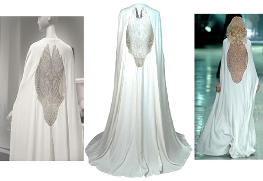 S/S 2006 Alexander McQueen Runway Sheer Beaded Mesh Angel Wings Gown Dress w Gold Chain Belt