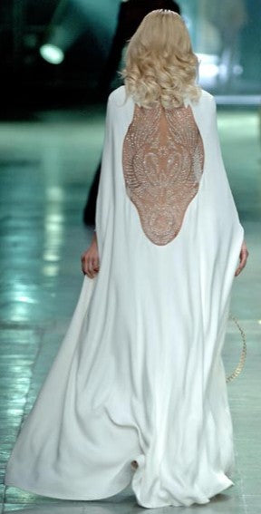 S/S 2006 Alexander McQueen Runway Sheer Beaded Mesh Angel Wings Gown Dress w Gold Chain Belt