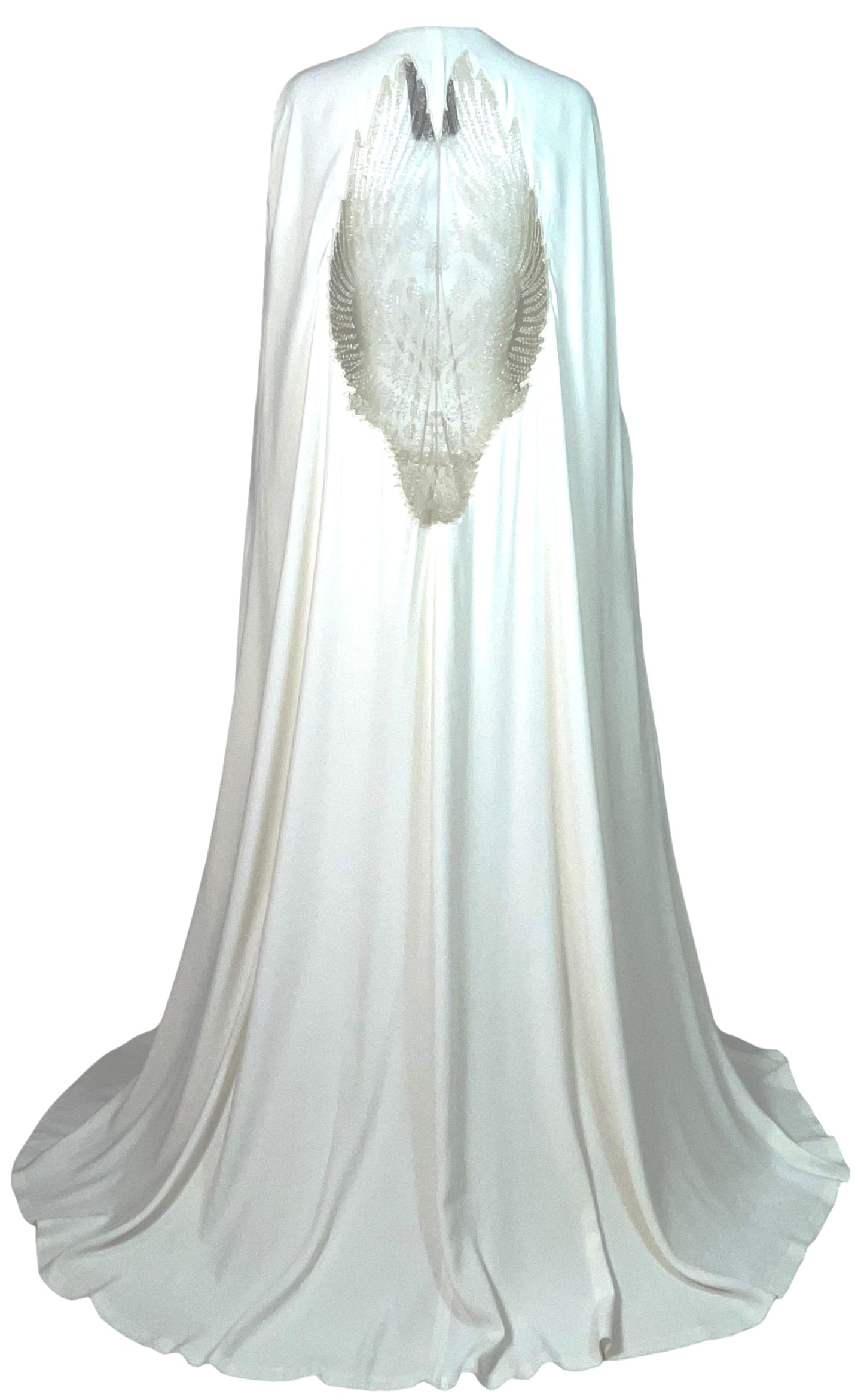 S/S 2006 Alexander McQueen Runway Sheer Beaded Mesh Angel Wings Gown Dress w Gold Chain Belt