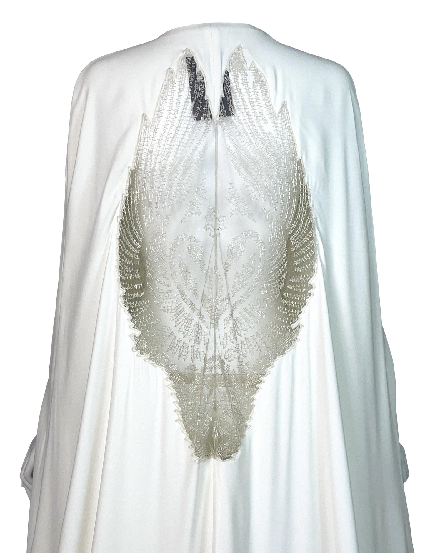 S/S 2006 Alexander McQueen Runway Sheer Beaded Mesh Angel Wings Gown Dress w Gold Chain Belt