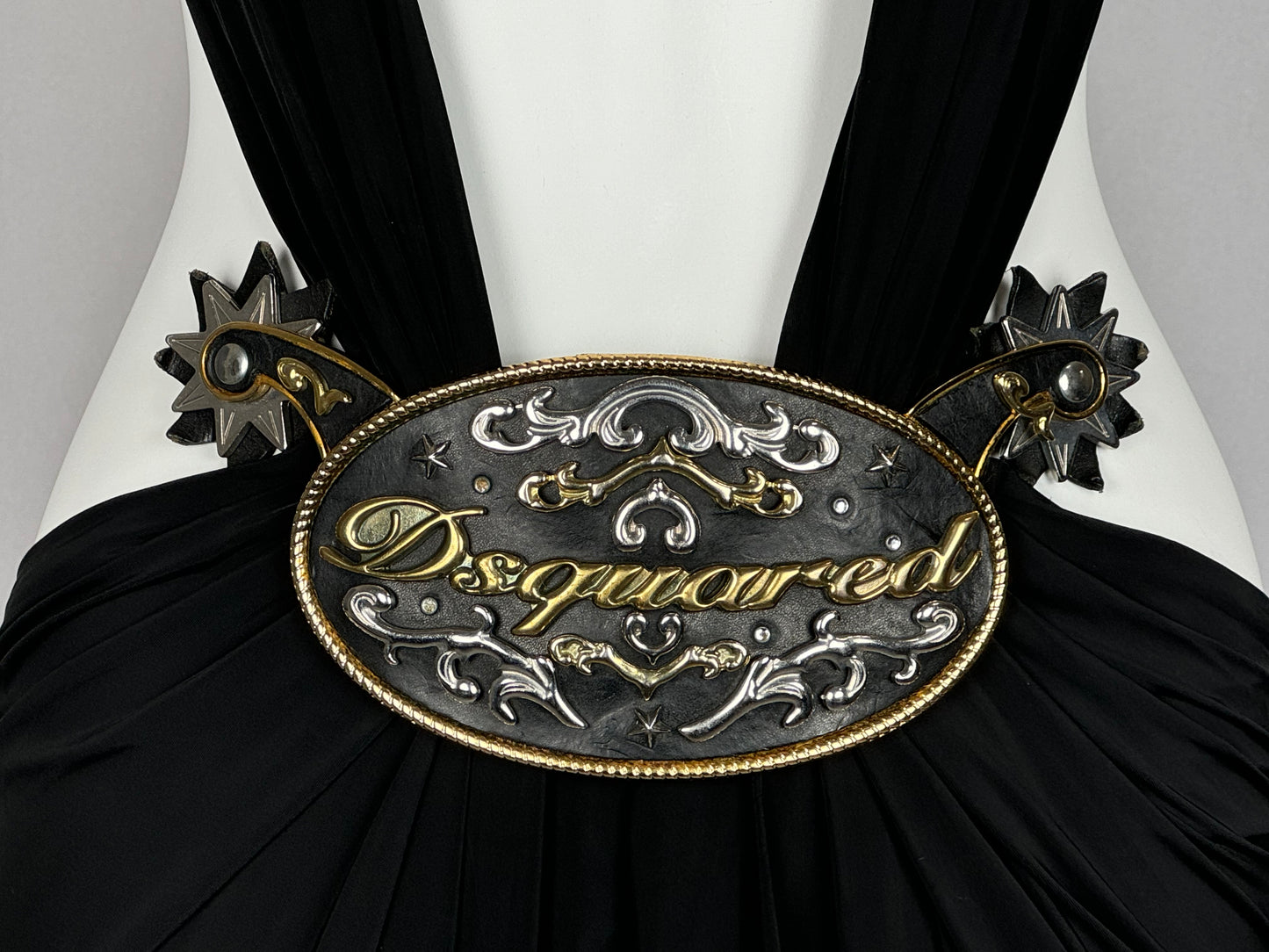 S/S 2006 Dsquared2 Runway Plunging Black Large Rodeo Western Cowboy Buckle High Slit Maxi Dress