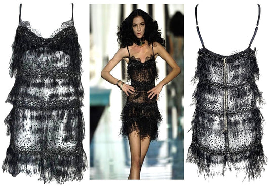 S/S 2006 Roberto Cavalli Runway Sheer Black Mesh & Lace Feather & Crystal Embellished Mini Dress