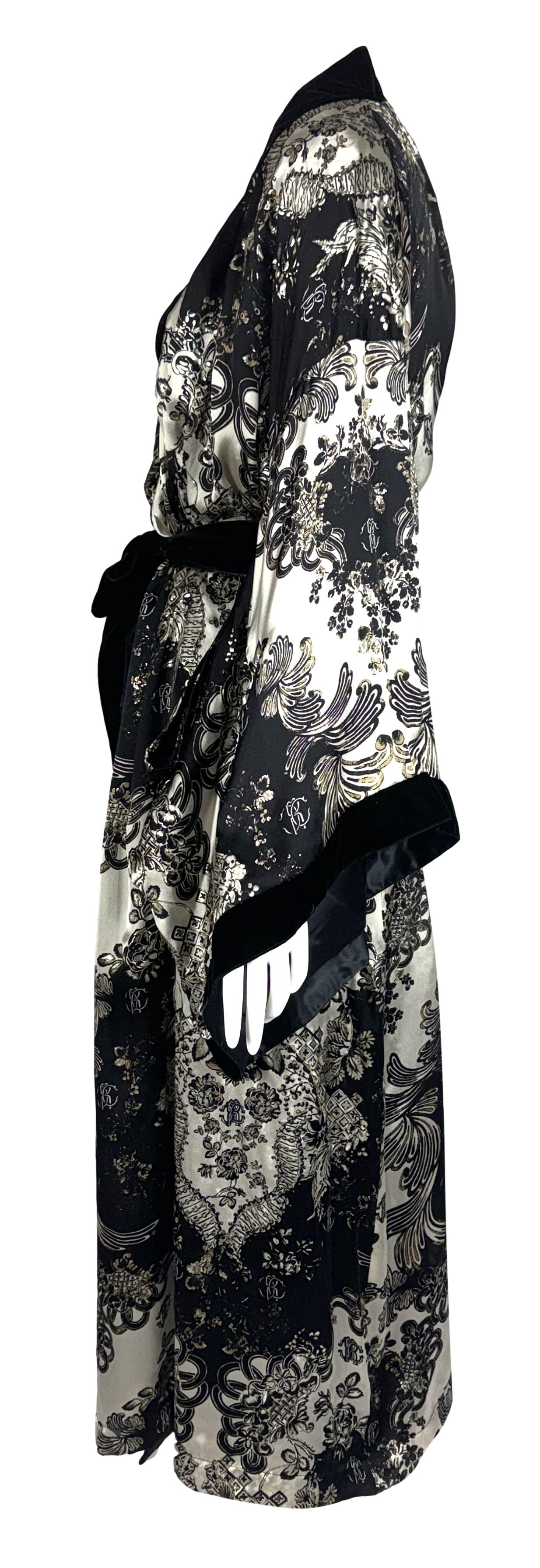 2007 Roberto Cavalli Black Ivory & Gold Silk & Velvet Kimono Jacket Robe