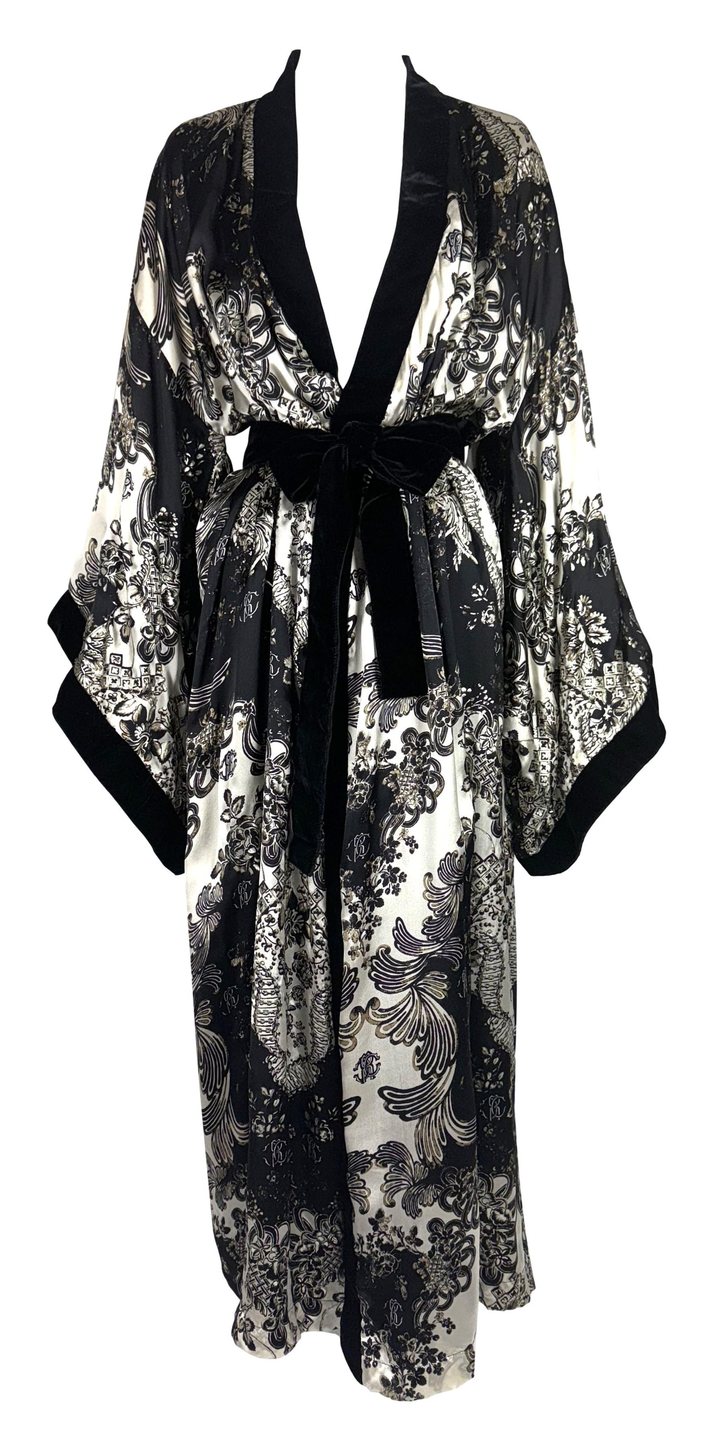 2007 Roberto Cavalli Black Ivory & Gold Silk & Velvet Kimono Jacket Robe