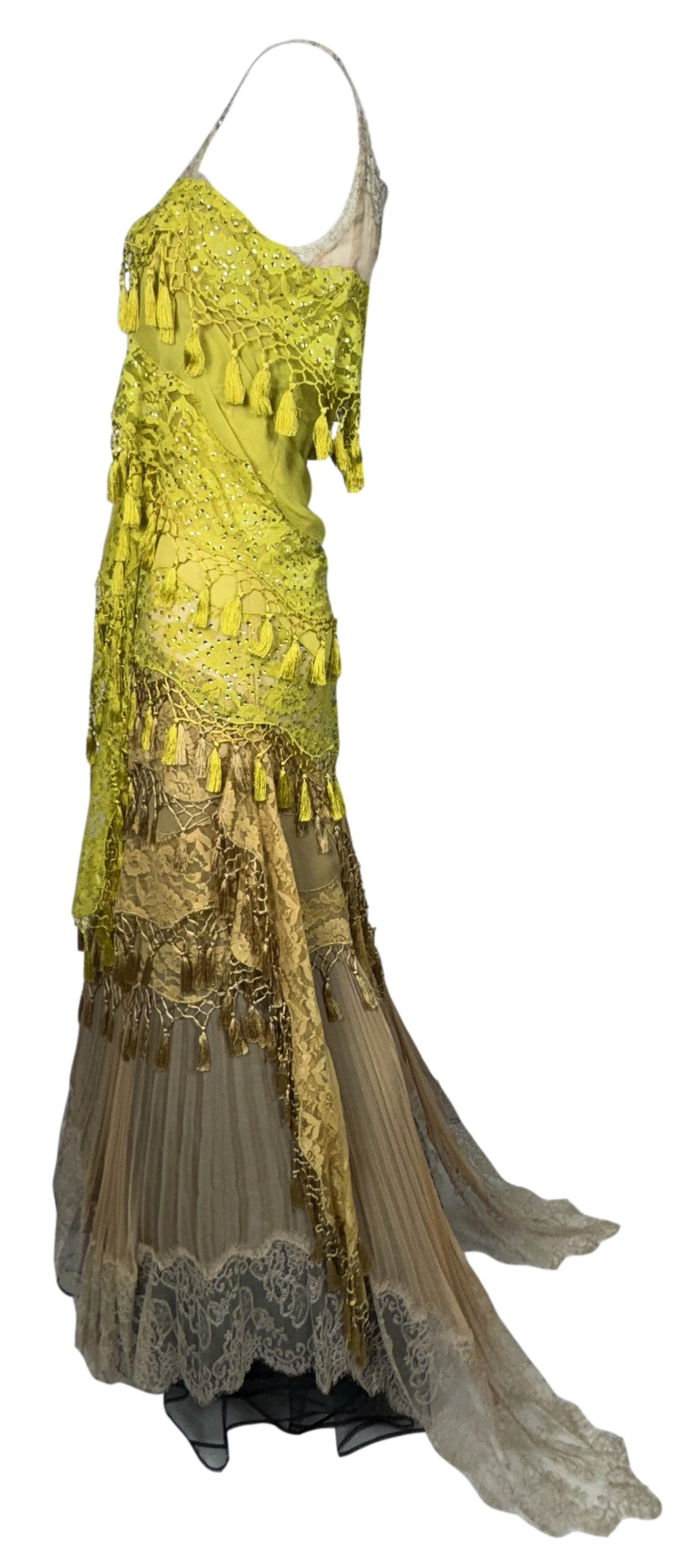 S/S 2007 Gianfranco Ferre Runway Lime Green Spanish Flamenco Fringe Tassel & Lace Gown Dress