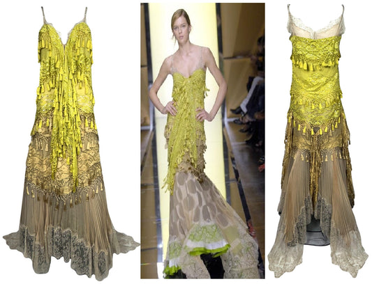 S/S 2007 Gianfranco Ferre Runway Lime Green Spanish Flamenco Fringe Tassel & Lace Gown Dress