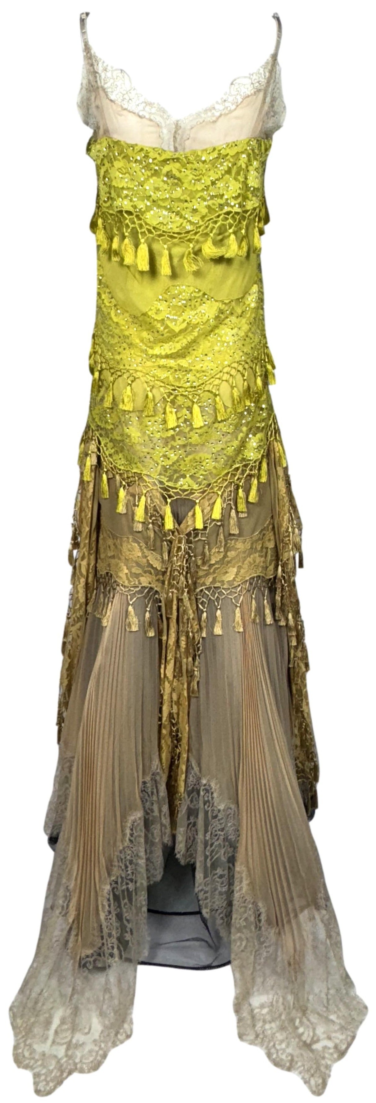 S/S 2007 Gianfranco Ferre Runway Lime Green Spanish Flamenco Fringe Tassel & Lace Gown Dress
