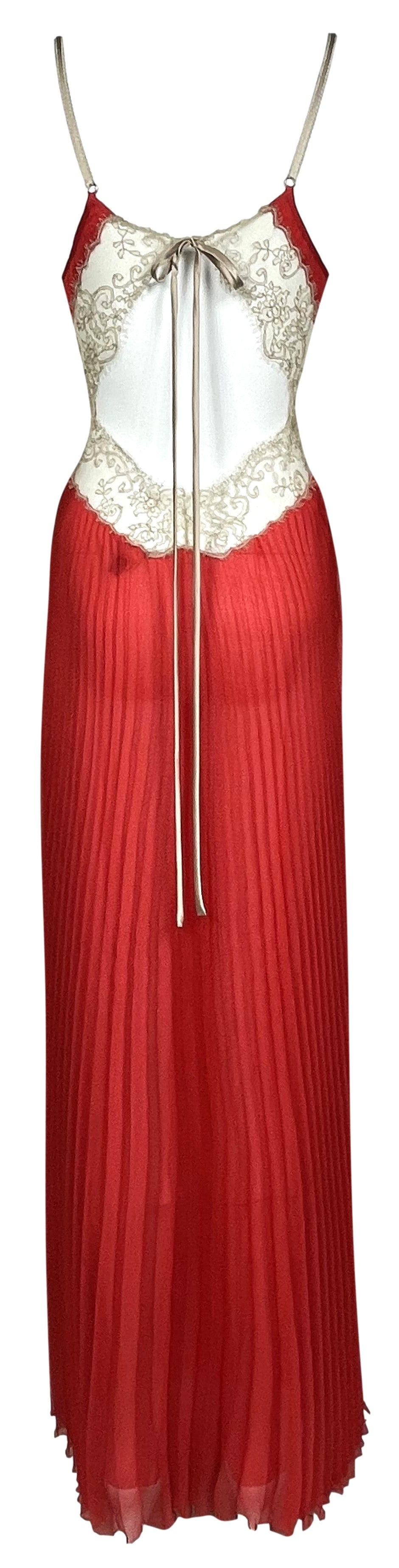 S/S 2007 Gianfranco Ferre Runway Sheer Red Silk & Lace Cut-Out Maxi Slip Dress