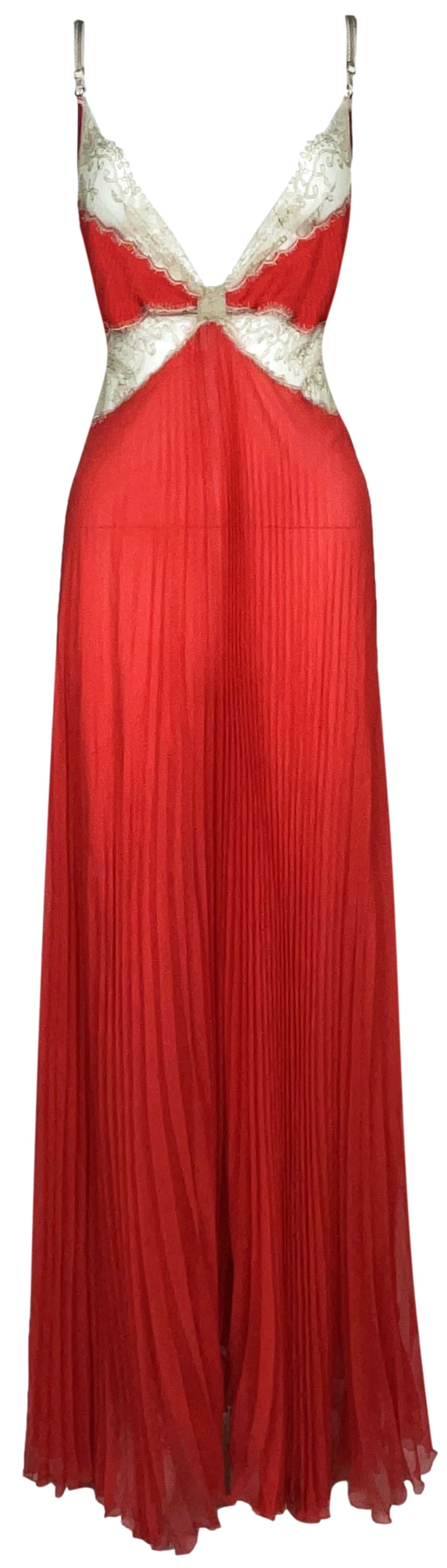 S/S 2007 Gianfranco Ferre Runway Sheer Red Silk & Lace Cut-Out Maxi Slip Dress