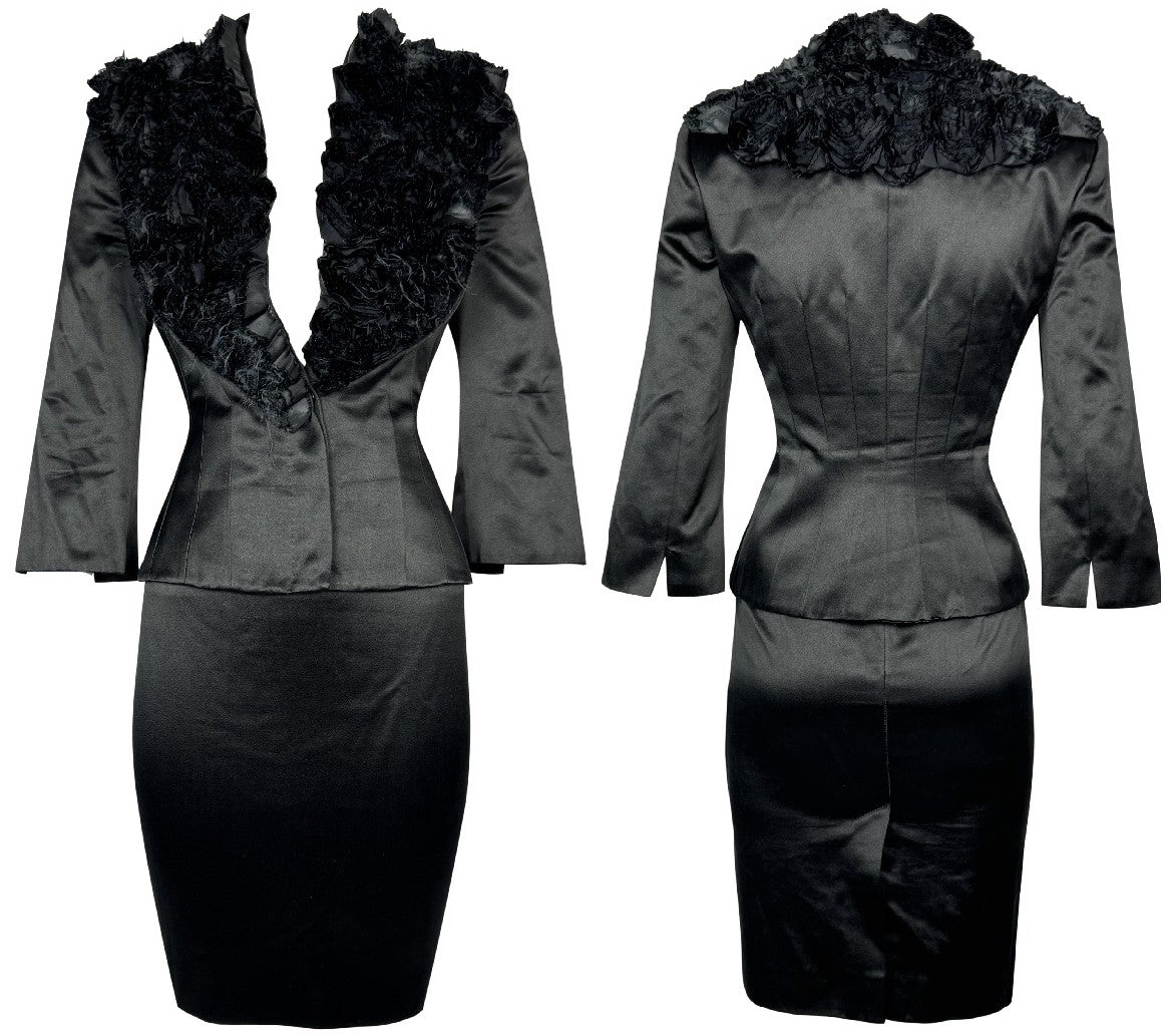 2007 Alexander McQueen Classy Black Satin Plunging Fitted Ruffle Chest Skirt Suit Set