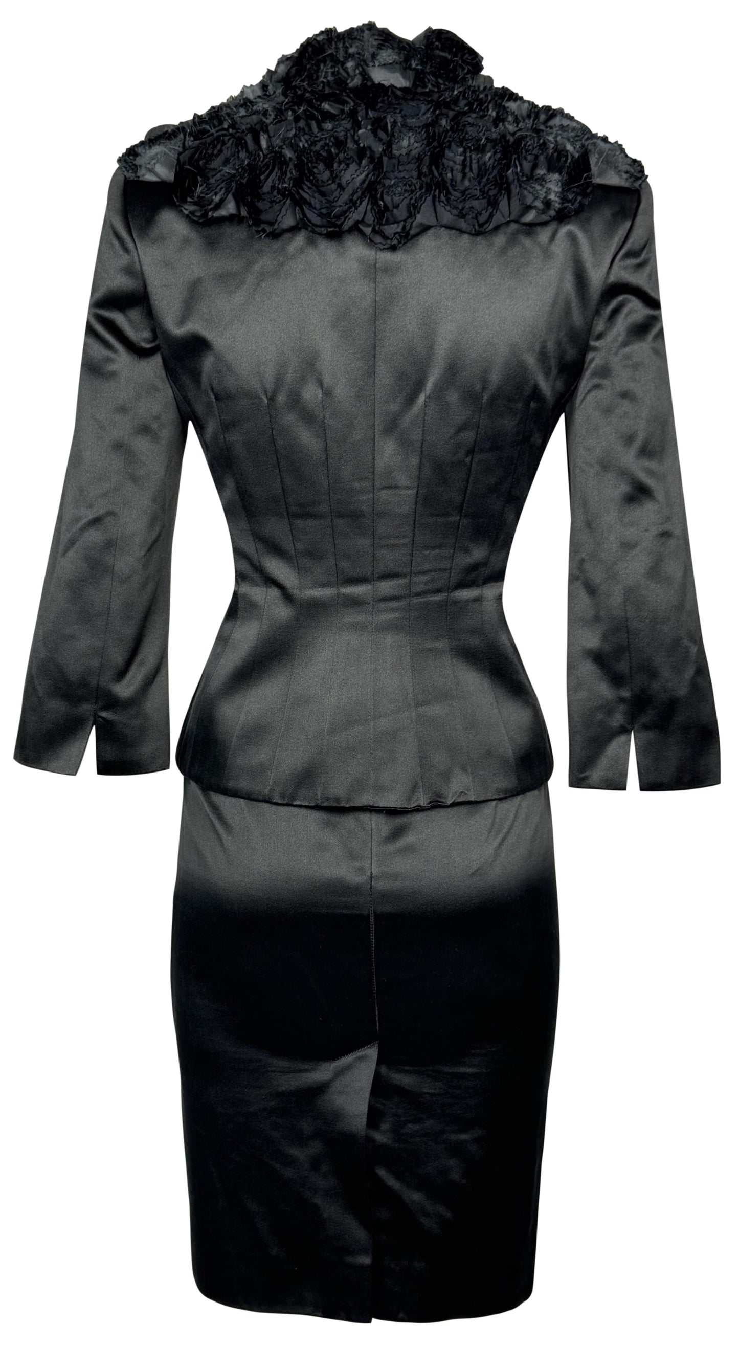 2007 Alexander McQueen Classy Black Satin Plunging Fitted Ruffle Chest Skirt Suit Set