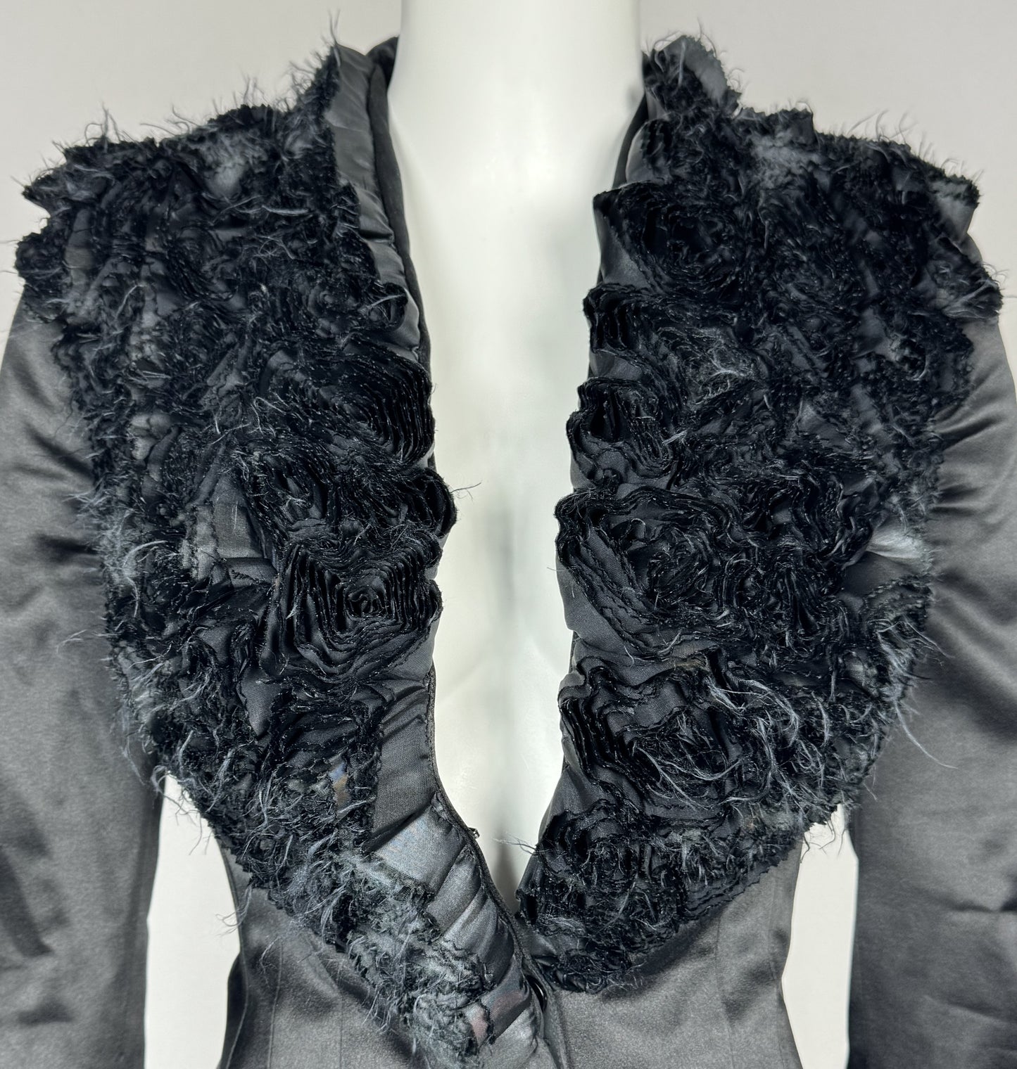 2007 Alexander McQueen Classy Black Satin Plunging Fitted Ruffle Chest Skirt Suit Set