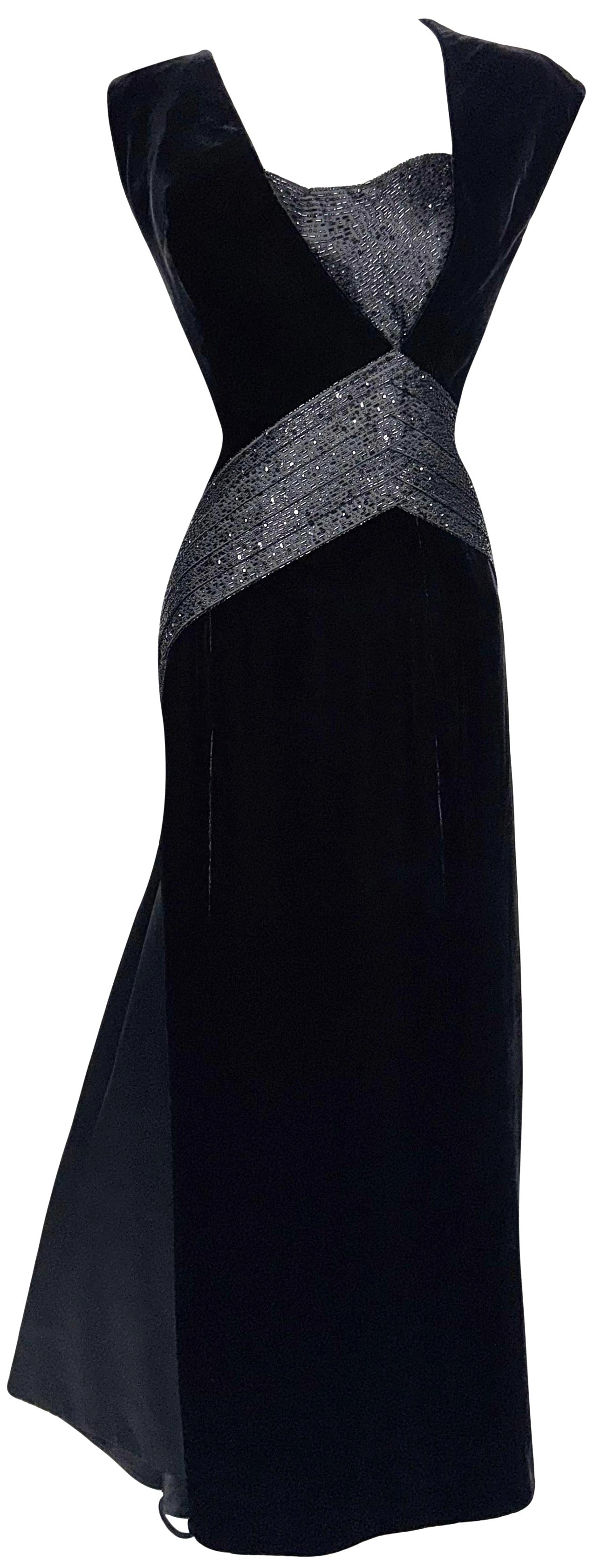 F/W 2007 Christian Dior x John Galliano Haute Couture Runway 1940's Old Hollywood Starlet Black Velvet Beaded Gown Dress